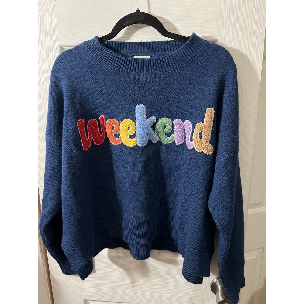 debut Soft Cozy Loose Fit Weekend Long Sleeve Blue Sweater Bright Letters Size M